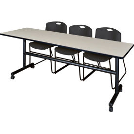 Kobe Training Nesting Table with 2 Zeng Black Stack Chairs, 84"L x 24"W, Maple view 2