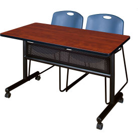 Regency® Kobe Privacy Nesting Table with 2 Zeng Blue Stack Chairs 48"L x 24"W Cherry 