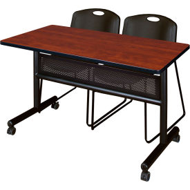 Kobe Privacy Nesting Table with 2 Zeng Black Stack Chairs, 48"L x 24"W, Cherry view 2