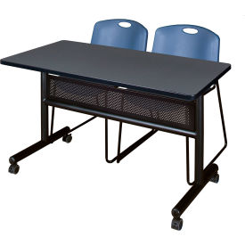 Regency® Kobe Privacy Nesting Table with 2 Zeng Blue Stack Chairs 48"L x 24"W Gray 