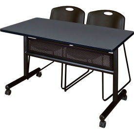 Kobe Privacy Nesting Table with 2 Zeng Black Stack Chairs, 48"L x 24"W, Gray view 2
