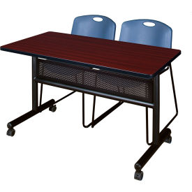Regency® Kobe Privacy Nesting Table with 2 Zeng Blue Stack Chairs 48"L x 24"W Mahogany 