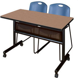 Regency® Kobe Privacy Nesting Table with 2 Zeng Blue Stack Chairs 48"L x 24"W Noble Oak 