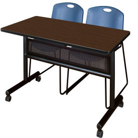 Regency® Kobe Privacy Nesting Table with 2 Zeng Blue Stack Chairs 48"L x 24"W Neo Walnut 