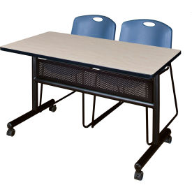 Regency® Kobe Privacy Nesting Table with 2 Zeng Blue Stack Chairs 48"L x 24"W Maple 