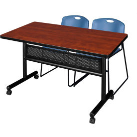 Regency® Kobe Privacy Nesting Table with 2 Zeng Blue Stack Chairs 48"L x 30"W Cherry 