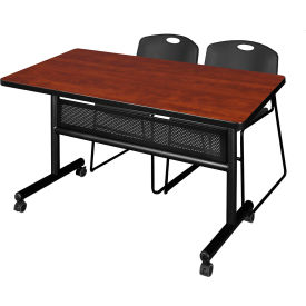 Kobe Privacy Nesting Table with 2 Zeng Black Stack Chairs, 48"L x 30"W, Cherry view 2