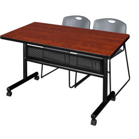 Regency® Kobe Privacy Nesting Table with 2 Zeng Gray Stack Chairs 48"L x 30"W Cherry 