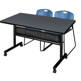 Regency® Kobe Privacy Nesting Table with 2 Zeng Blue Stack Chairs 48"L x 30"W Gray 
