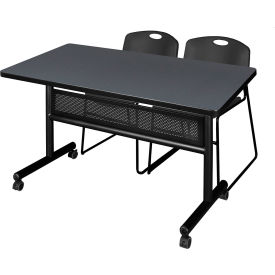 Privacy Nesting Table with 2 Zeng Black Stack Chairs, 48"L x 30"W, Gray view 2