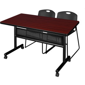 Privacy Nesting Table with 2 Black Stack Chairs, 48"L x 30"W, Mahogany view 2