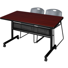 Regency® Kobe Privacy Nesting Table with 2 Zeng Gray Stack Chairs 48"L x 30"W Mahogany 