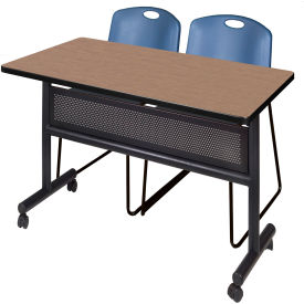 Regency® Kobe Privacy Nesting Table with 2 Zeng Blue Stack Chairs 48"L x 30"W Noble Oak 
