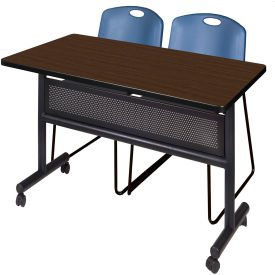 Regency® Kobe Privacy Nesting Table with 2 Zeng Blue Stack Chairs 48"L x 30"W Neo Walnut 