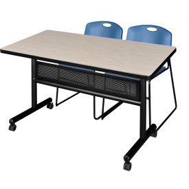 Regency® Kobe Privacy Nesting Table with 2 Zeng Blue Stack Chairs 48"L x 30"W Maple 