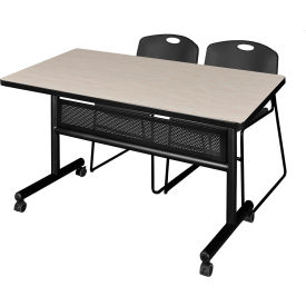 Privacy Nesting Table with 2 Black Stack Chairs, 48"L x 30"W, Maple view 2