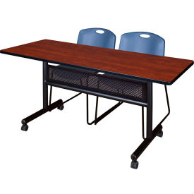 Regency® Kobe Privacy Nesting Table with 2 Zeng Blue Stack Chairs 60"L x 24"W Cherry 