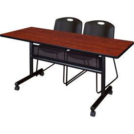 Privacy Nesting Table with 2 Zeng Black Stack Chairs, 60"L x 24"W, Cherry view 2