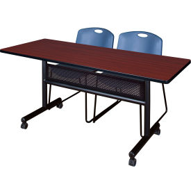 Kobe Privacy Nesting Table with 2 Zeng Blue Stack Chairs, 60"L x 24"W, Mahogany view 2