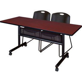 Privacy Nesting Table with 2 Zeng Black Stack Chairs, 60"L x 24"W, Mahogany view 2