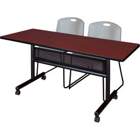 Kobe Privacy Nesting Table with 2 Zeng Gray Stack Chairs, 60"L x 24"W, Mahogany view 2