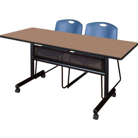 Regency® Kobe Privacy Nesting Table with 2 Zeng Blue Stack Chairs 60"L x 24"W Noble Oak 