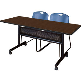 Regency® Kobe Privacy Nesting Table with 2 Zeng Blue Stack Chairs 60"L x 24"W Neo Walnut 