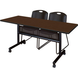 Privacy Nesting Table with 2 Black Stack Chairs, 60"L x 24"W, Neo Walnut view 2