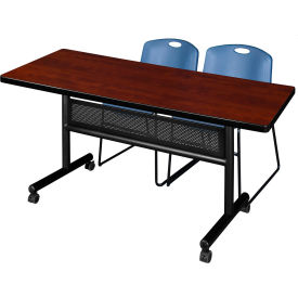 Regency® Kobe Privacy Nesting Table with 2 Zeng Blue Stack Chairs 60"L x 30"W Cherry 