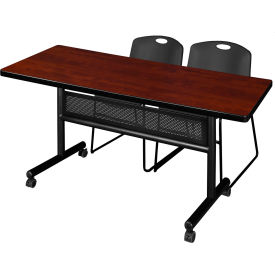 Privacy Nesting Table with 2 Black Stack Chairs, 60"L x 30"W, Cherry view 2