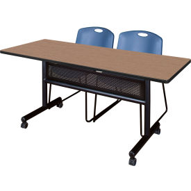 Regency® Kobe Privacy Nesting Table with 2 Zeng Blue Stack Chairs 60"L x 30"W Noble Oak 