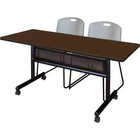 Regency® Kobe Privacy Nesting Table with 2 Zeng Gray Stack Chairs 60"L x 30"W Neo Walnut 