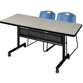 Regency® Kobe Privacy Nesting Table with 2 Zeng Blue Stack Chairs 60"L x 30"W Maple 
