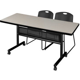 Privacy Nesting Table with 2 Black Stack Chairs, 60"L x 30"W, Maple view 2