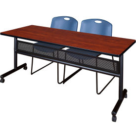 Regency® Kobe Privacy Nesting Table with 2 Zeng Blue Stack Chairs 72"L x 24"W Cherry 