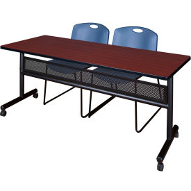 Regency® Kobe Privacy Nesting Table with 2 Zeng Blue Stack Chairs 72"L x 24"W Mahogany 