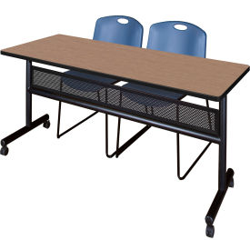 Regency® Kobe Privacy Nesting Table with 2 Zeng Blue Stack Chairs 72"L x 24"W Noble Oak 