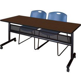 Regency® Kobe Privacy Nesting Table with 2 Zeng Blue Stack Chairs 72"L x 24"W Neo Walnut 