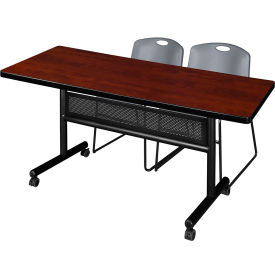 Regency® Kobe Privacy Nesting Table with 2 Zeng Gray Stack Chairs 72"L x 30"W Cherry 