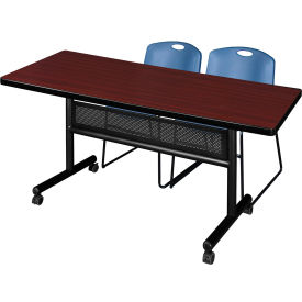 Regency® Kobe Privacy Nesting Table with 2 Zeng Blue Stack Chairs 72"L x 30"W Mahogany 
