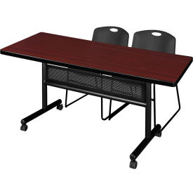 Kobe Privacy Nesting Table with 2 Zeng Black Stack Chairs, 72"L x 30"W, Mahogany view 2