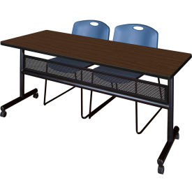Regency® Kobe Privacy Nesting Table with 2 Zeng Blue Stack Chairs 72"L x 30"W Neo Walnut 