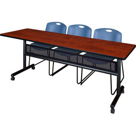 Regency® Kobe Privacy Nesting Table With 3 Zeng Blue Stack Chairs 84"L x 24"W Cherry 
