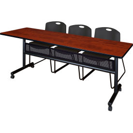 Kobe Privacy Nesting Table with 2 Zeng Black Stack Chairs, 84"L x 24"W, Cherry view 2