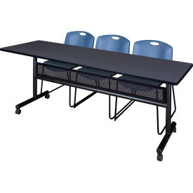 Regency® Kobe Privacy Nesting Table With 3 Zeng Blue Stack Chairs 84"L x 24"W Gray 