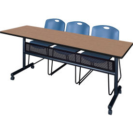 Kobe Privacy Nesting Table with 2 Zeng Blue Stack Chairs, 84"L x 24"W, Noble Oak view 2