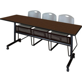 Privacy Nesting Table with 2 Zeng Gray Stack Chairs, 84"L x 24"W, Neo Walnut view 2