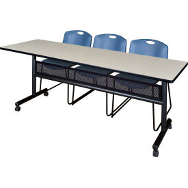 Regency® Kobe Privacy Nesting Table With 3 Zeng Blue Stack Chairs 84"L x 24"W Maple 