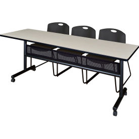 Privacy Nesting Table with 2 Zeng Black Stack Chairs, 84"L x 24"W, Maple view 2