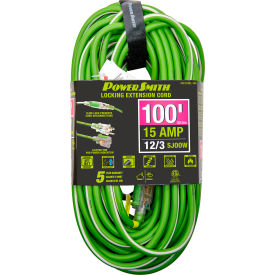 100' SJOOW Extension Cord with Lighted Locking, 12/3 Gauge, 15A, Green view 2